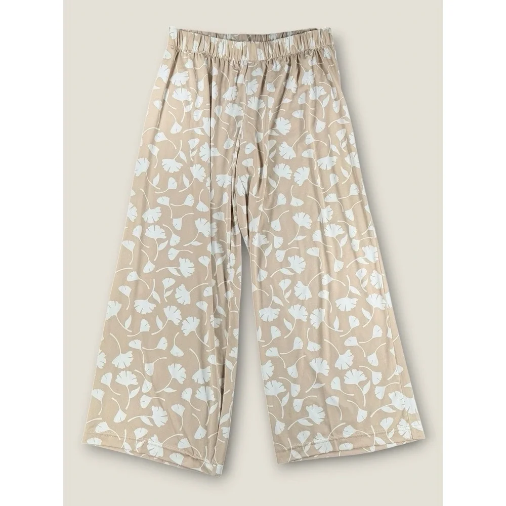 La Mer Luxe Palazzo Pants Medium Beige Ginkgo Leaf‎ Wide Leg Lounge Pajama